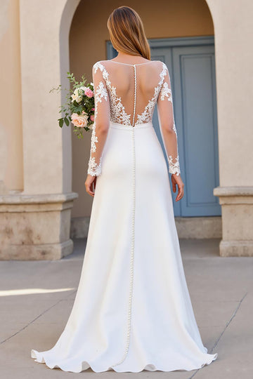 Ivory A Line V Neck Long Sleeve Wedding Dress with Appliques